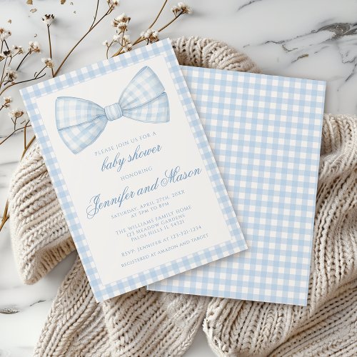 Cute blue bow ribbon gingham baby boy shower invitation