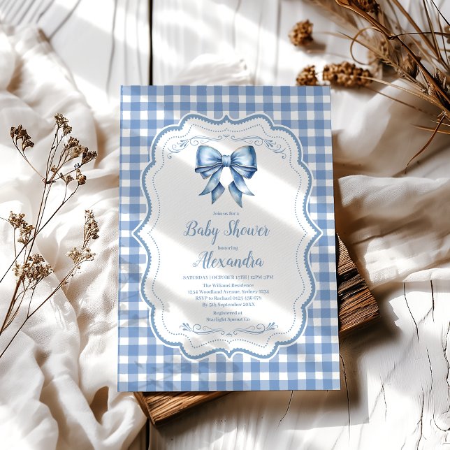 Cute Blue Bow Ribbon Gingham Baby Shower Invitation (Creator Uploaded)