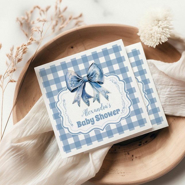 Cute Blue Bow Ribbon Gingham Baby Shower Napkins (Creator Uploaded)