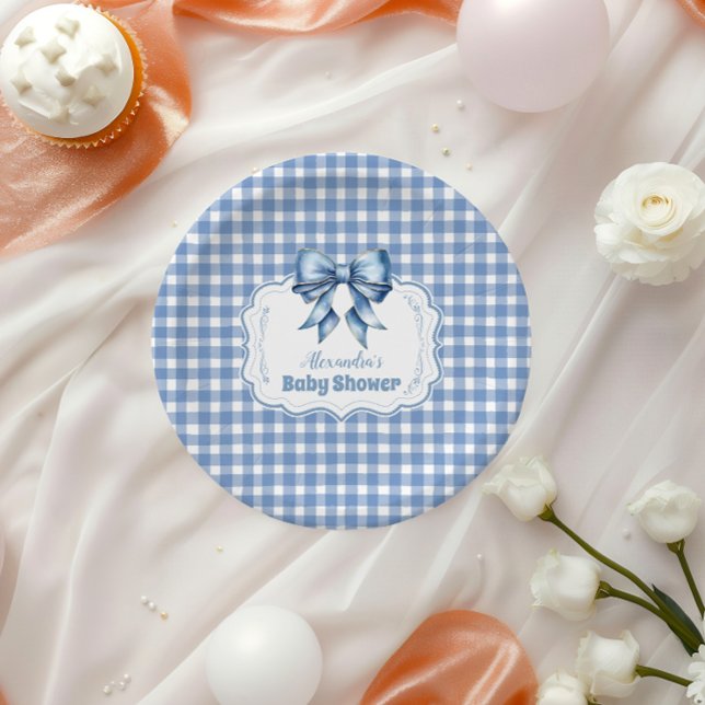 Cute Blue Bow Ribbon Gingham Paper Plates (Creator Uploaded)
