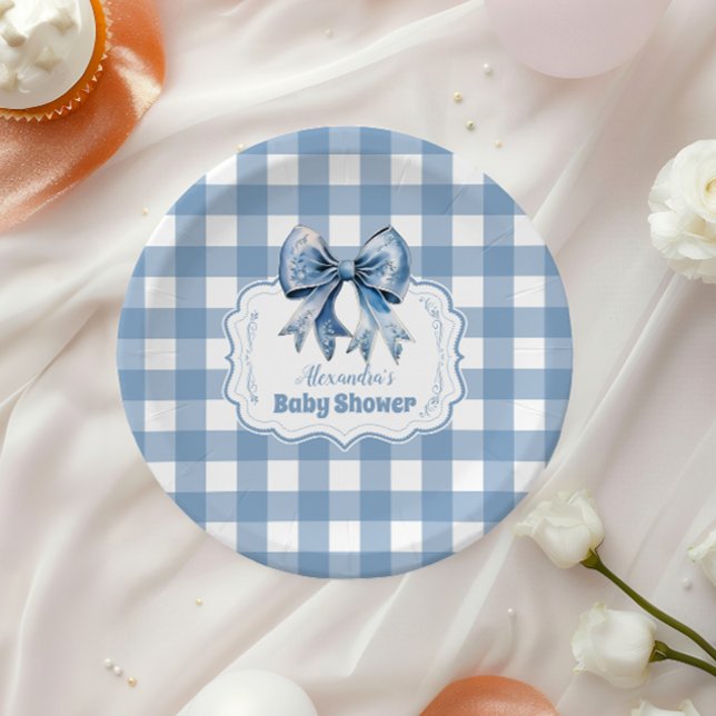 Cute Blue Bow Ribbon Gingham Paper Plates (Creator Uploaded)