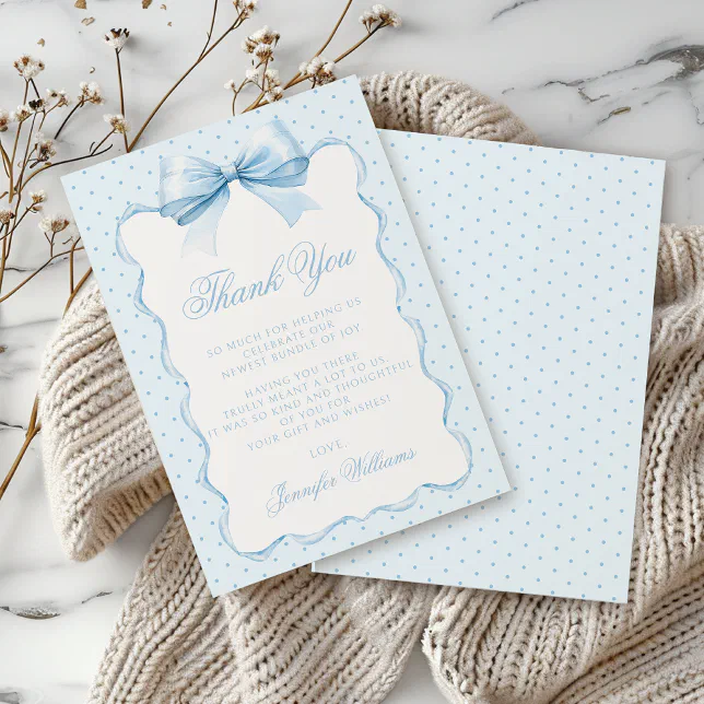 Cute blue bow ribbon polkadot baby boy shower thank you card | Zazzle
