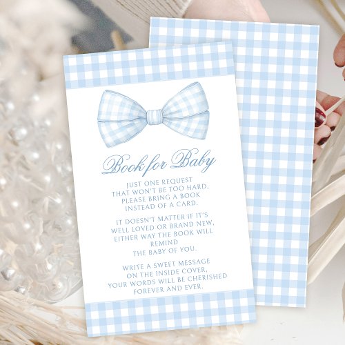 Cute blue bow tie gingham book for baby boy shower enclosure card