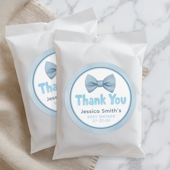 Cute Blue Bow Tie Little Man Baby Shower Thank You Classic Round Sticker (Thank you favor stickers)
