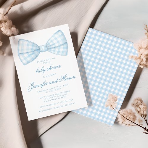 Cute blue bow tie ribbon baby boy shower invitation