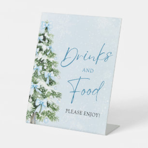 Cute Blue Bows Christmas Tree Food and Drinks Pedestal Sign