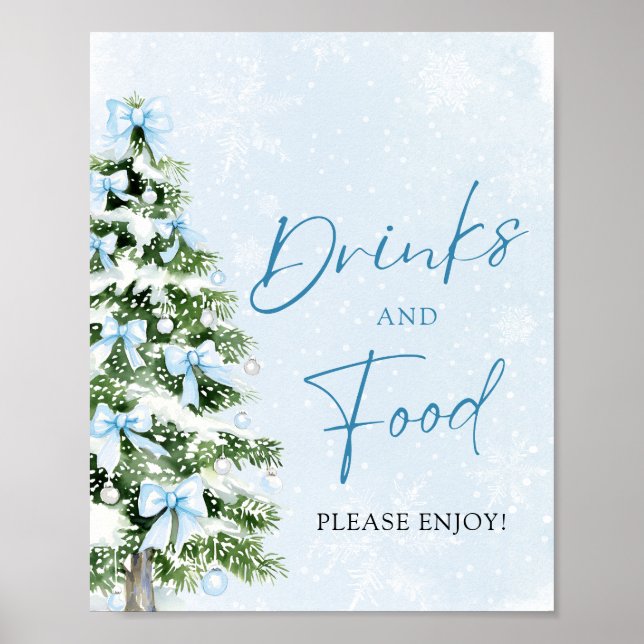 Cute Blue Bows Christmas Tree Food and Drinks Poster (Front)