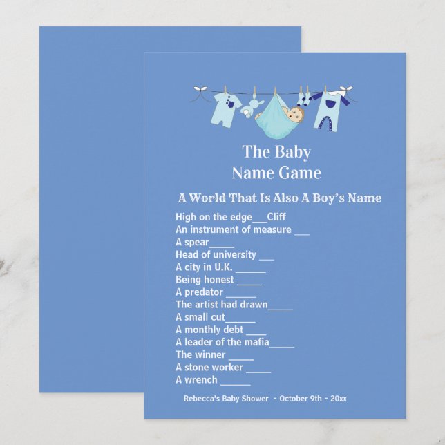 Cute Blue Boy Baby Shower Guessing Game Invitation (Front/Back)