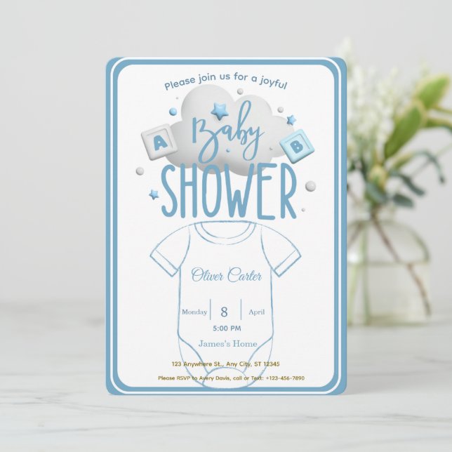 Cute Blue Boy Baby Shower Invitation (Standing Front)