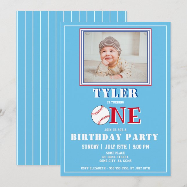 Cute Blue Boy Baseball Photo 1st Birthday Invitation (Front/Back)