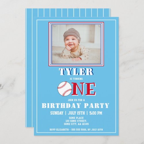 Cute Blue Boy Baseball Photo 1st Birthday Invitation