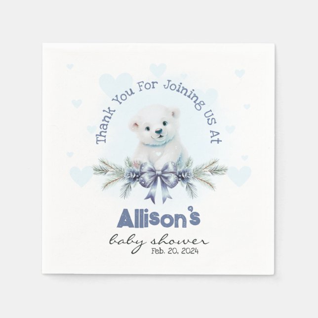 Cute Blue Boy Bear Cub Hearts Winter Baby Shower Napkins (Front)