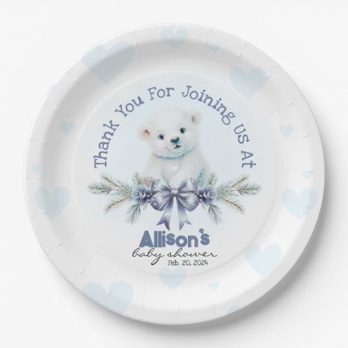 Cute Blue Boy Bear Cub Hearts Winter Baby Shower Paper Plates