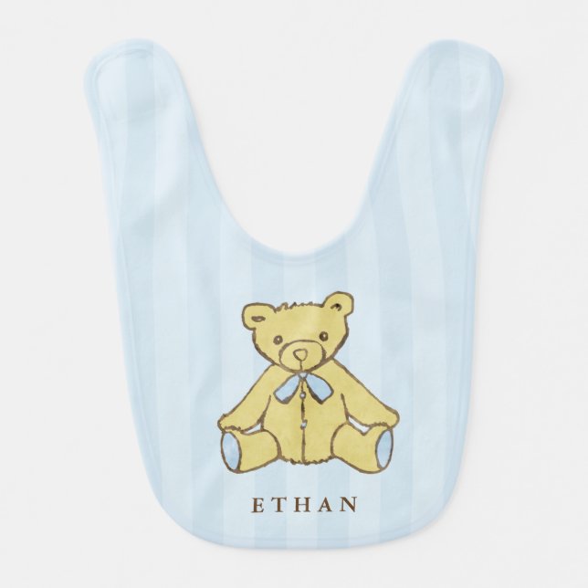 Cute Blue Boy Bear Personalized Baby Bib (Front)