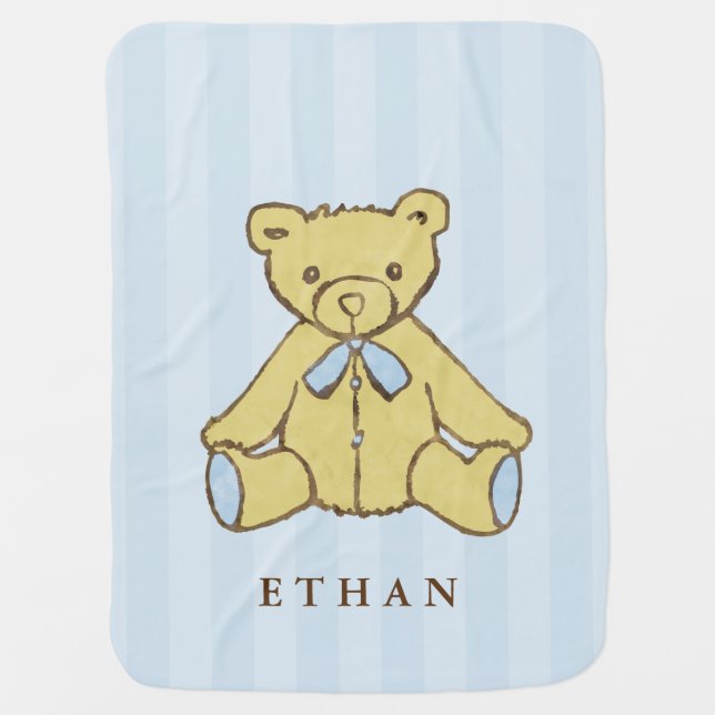 Cute Blue Boy Bear Personalized Swaddle Blanket (Front)