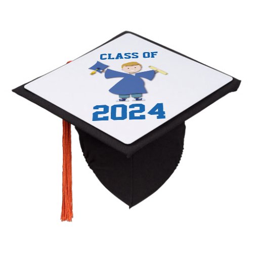 Cute Blue Boy Cartoon Graduate Class of 2024 Graduation Cap Topper