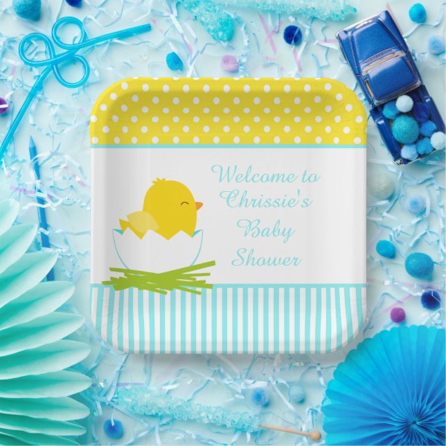 Cute Blue Boy Chick Baby Shower Party Paper Plates (Party)