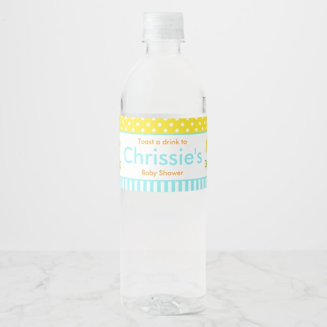 Cute Blue Boy Chick Baby Shower Party Water Bottle Label (Front)