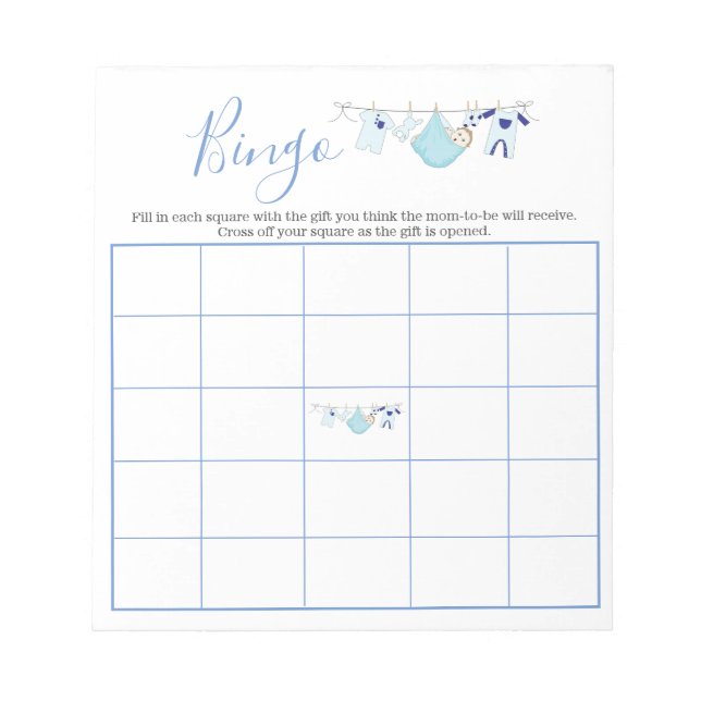 Cute Blue Boy Clothesline Baby Shower Bingo Game  Notepad (Front)