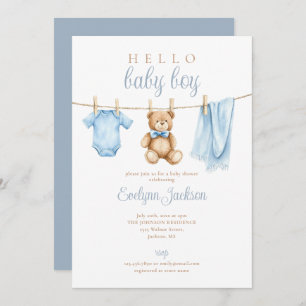 Cute Blue Boy Clothesline Baby Shower Invitation
