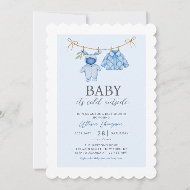 Cute Blue Boy Clothesline Winter Baby Shower  Invitation (Front)