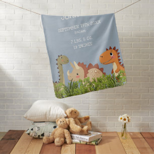 Cute Blue Boy Dinosaur Baby Birth Stats Blanket