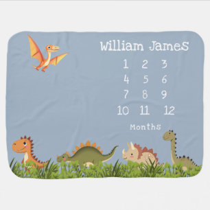 Cute Blue Boy Dinosaur Baby Milestone Baby Blanket