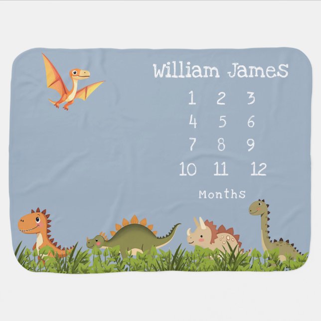 Cute Blue Boy Dinosaur Baby Milestone Baby Blanket (Horizontal)