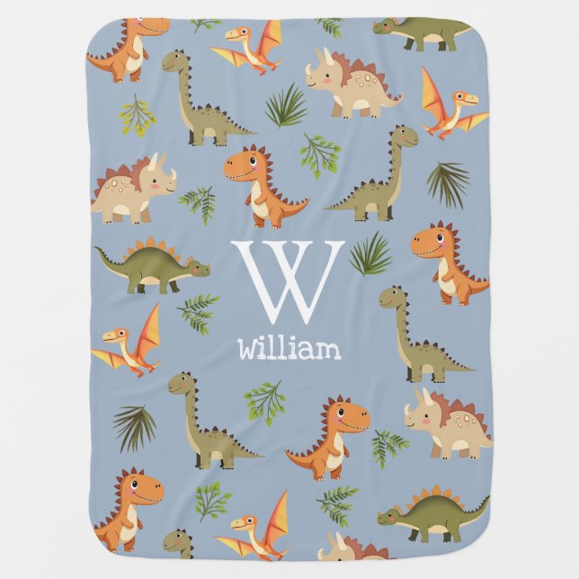 Cute Blue Boy Dinosaur Monogram Nursery Baby Blanket (Front)