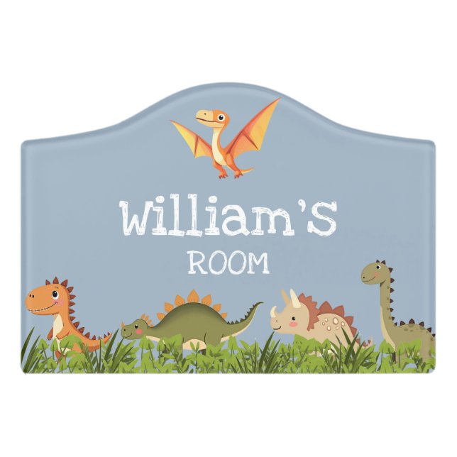 Cute Blue Boy  Dinosaur Personalized Nursery Room Door Sign (Small Crest Front)