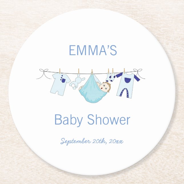 Cute Blue Boy illustration Clothesline Laundry  Round Paper Coaster (Front)