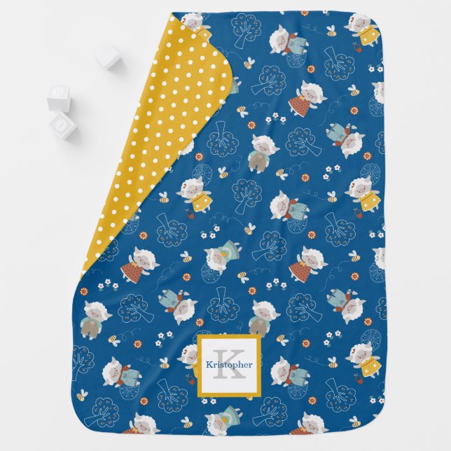 Cute Blue Boy Lamb Nursery Baby Blanket (In Situ)