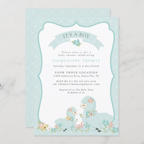 Cute Blue Boy Llama Baby Shower Invitation