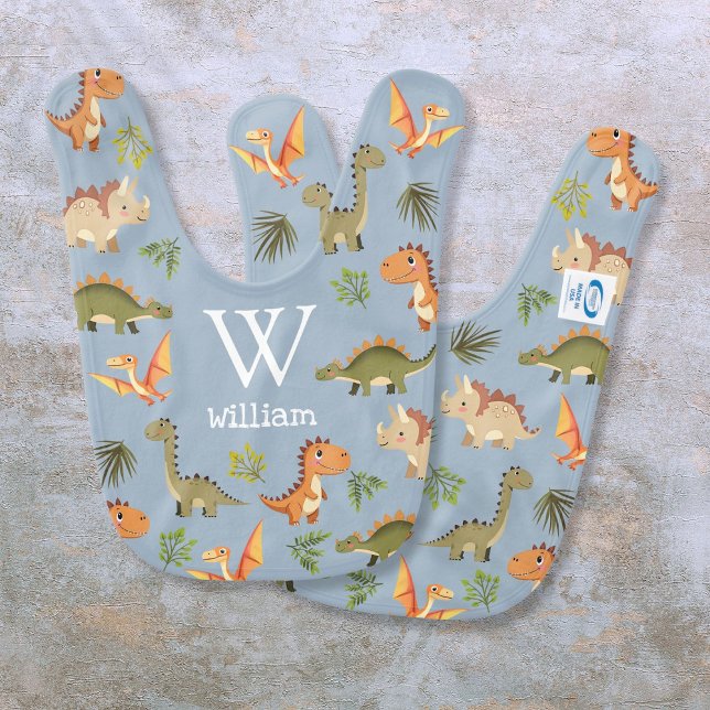 Cute Blue Boy Monogram Name Dinosaur Pattern Baby Bib (Cute Blue Boy Monogram Name Dinosaur Pattern Baby Bib)