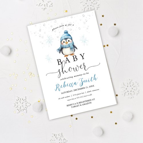 Cute Blue Boy Penguin Winter Baby Shower Invitation