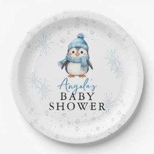 Cute Blue Boy Penguin Winter Baby Shower  Paper Plates