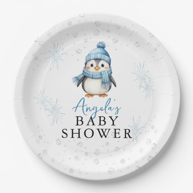 Cute Blue Boy Penguin Winter Baby Shower  Paper Plates (Front)