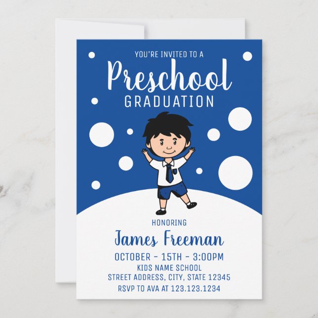Cute Blue Boy Preschool Graduation Invitation (Front)