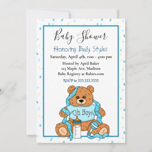 Cute Blue Boys Teddy Bear Baby Shower  Invitation