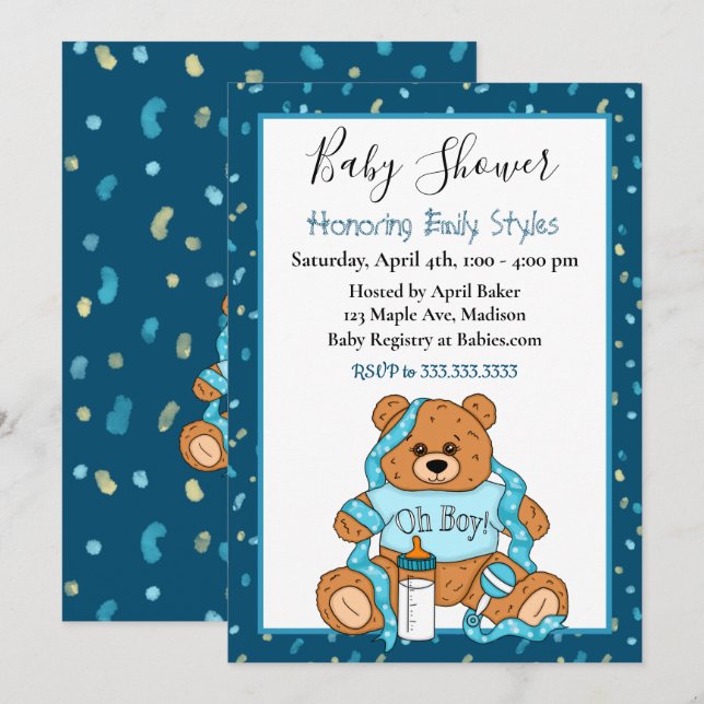 Cute Blue Boy’s Teddy Bear Baby Shower  Invitation (Front/Back)