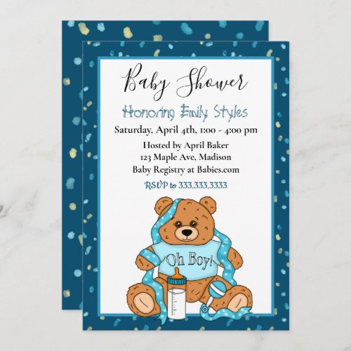 Cute Blue Boys Teddy Bear Baby Shower  Invitation