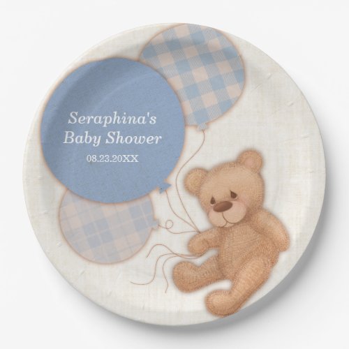 Cute Blue Boy Teddy Bear Baby Shower Paper Plates