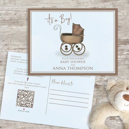 Cute Blue Boy Vintage Baby QR Code Social Media Invitation Postcard