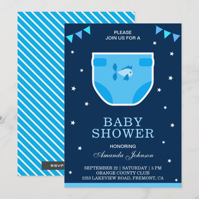 Cute Blue Boys Diaper Baby Shower Invitation (Front/Back)