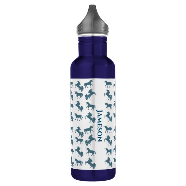 Cute Blue Boys' Name Monogram Unicorn Pattern Stainless Steel Water Bottle (Left)