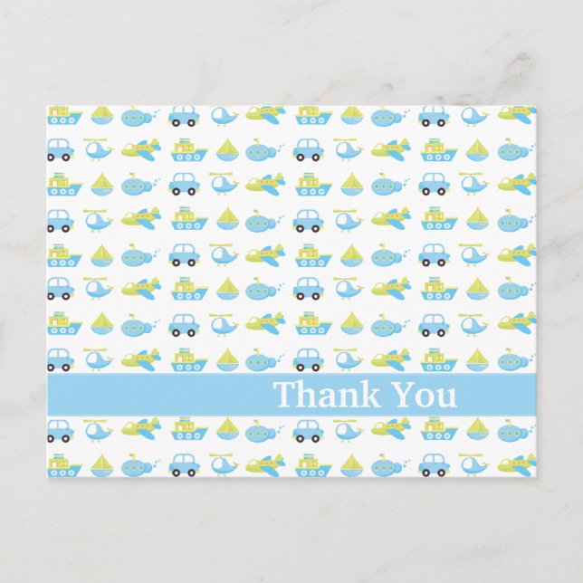 Cute blue boys travel time thank you post card (Front)