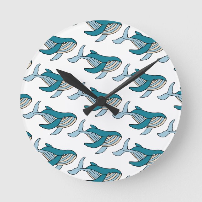 Cute Blue Boys Whale Pattern Round Clock (Front)