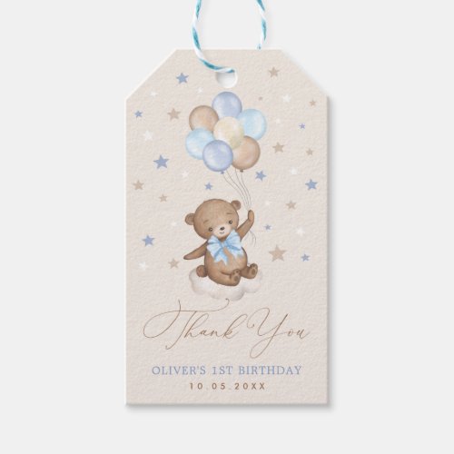 Cute Blue Brown Bear Balloons Birthday Thank You Gift Tags