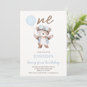 Cute Blue Brown Beary First Birthday Bear Birthday Invitation