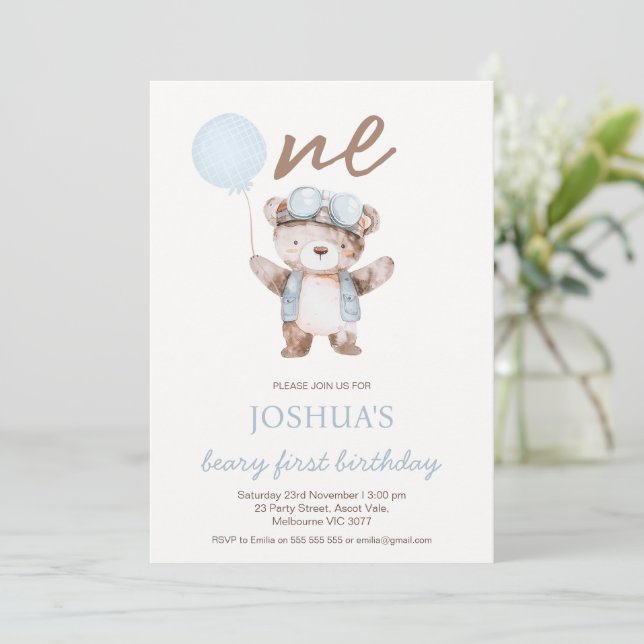 Cute Blue Brown Beary First Birthday Bear Birthday Invitation (Standing Front)